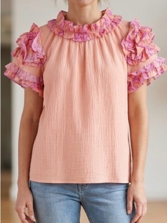 ODDY Tops - ODDY Coral Sherbet Flutter Sleeve Ruffled Blouse